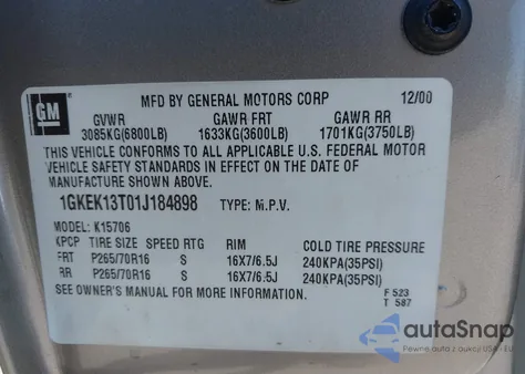 2001 GMC Yukon Slt из США, поврежденный, VIN 1GKEK13T01J184898